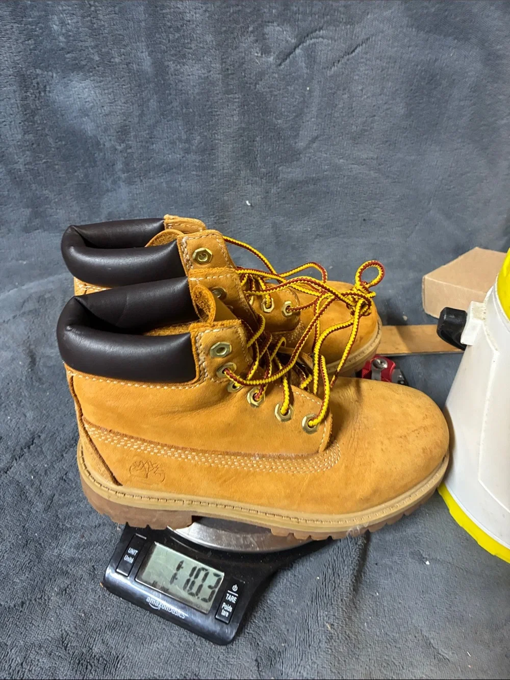 Timberland Wheat Suede Kids Boots with Dark Brown Collar and Yellow/Brown Laces